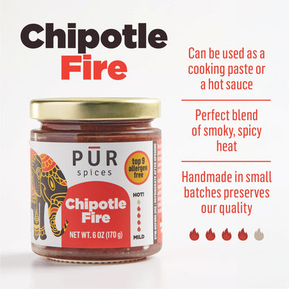 PUR Spices Chipotle Fire Spicy Hot Sauce I Chili Pepper Cooking Paste for Dipping, Chili Seasoning, Taco Sauce, Salsa I Plant Based, Gluten Free, No sugar added, Preservative and Additive Free I 6oz Jar