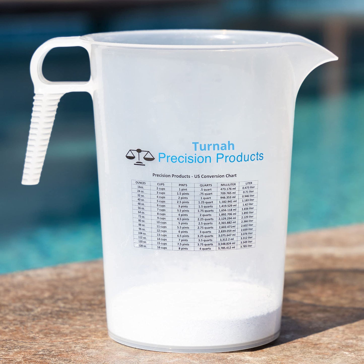 One Gallon 128oz Measure Pitcher - Convenient Conversion Chart - Strong Food Grade - Great for Lawn, Chemicals Pool, Ag, Lye, Home Hobbies, Motor Oil, Fluids - Turnah Precision Products, Made in USA