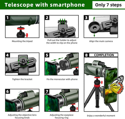 40X60 Monocular Telescope with Smartphone Holder& Tripod, High Power Nitrogen-Filled Monocular for Adults with BAK4 Prism & FMC Lens, HD Monocular Scope for Birdwatching Hiking Concert Travelling