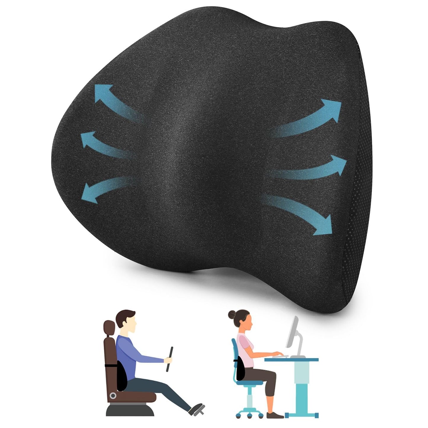 Lumbar Support Pillow for Office Chair and Car Seat - Supportive Memory Foam Cushion for Lower Back Pain Relief and Posture Correction, with Breathable Airflow Channels