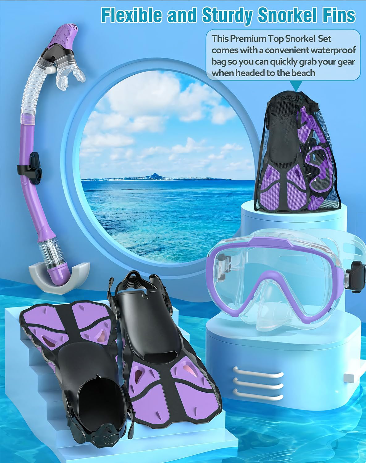 Vengreedo Snorkel Set with Fins for Adults, Snorkeling Gear for Adults Men and Women, Snorkle, Mask Set Adults Dry Top Snorkel Mask Combo Set with Travel Bag for Snorkeling, Diving, Swimming