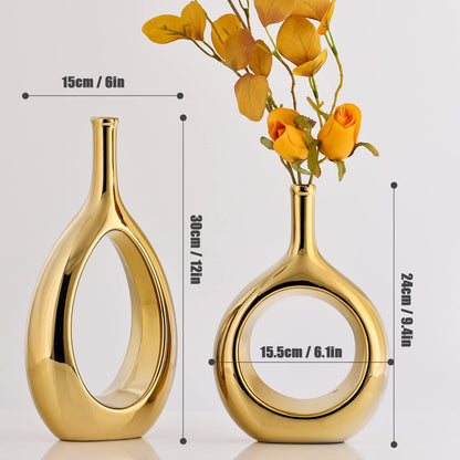 Glossy Gold Ceramic Vase Set 2,Modern Hollow Circle with Hole Flower Vase for Home Decor,for Table Centerpieces,Farmhouse,Fire Place,Living Room,Bedroom,Office,Bookshelf,Rustic Decor