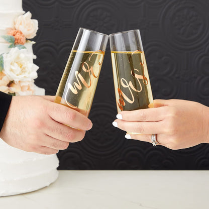 Juvale Mr & Mrs Champagne Flutes Set of 2-10 oz, 6 in, Clear Stemless Glass - Bridal Shower & Wedding Registry Gifts - Engagement Gift & Bride & Groom Glasses