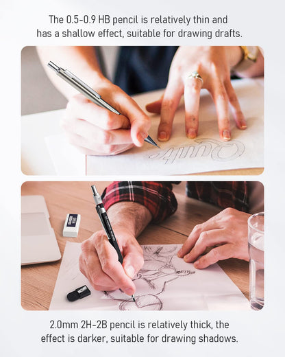 Nicpro 6PCS Art Mechanical Pencil Set, 3PCS Metal Drafting Pencil 0.5 mm & 0.7 mm & 0.9 mm & 3PCS 2mm Graphite Lead Holder (2B HB 2H) For Writing, Sketching Drawing With Lead Refills Case