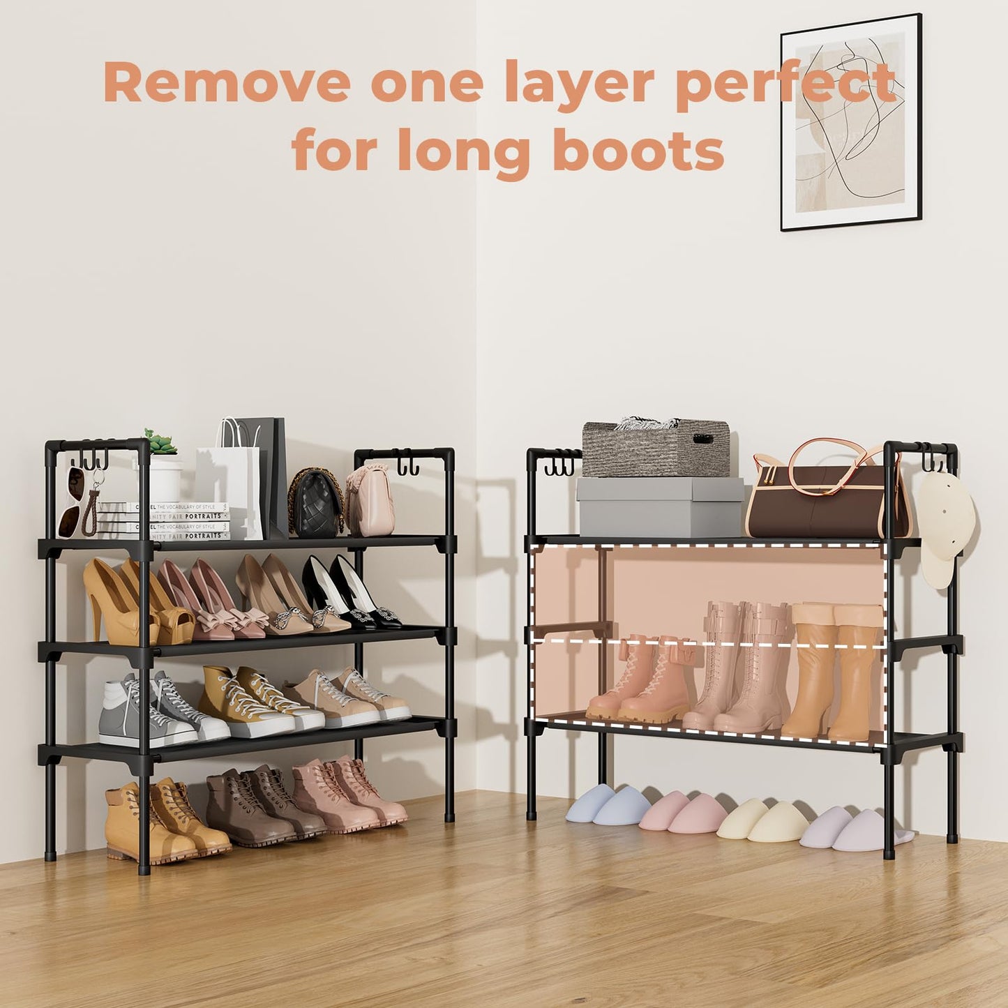 LANTEFUL 3 Tier Shoe Rack for Closet, Shoe Organizer with 5 Hooks, Long Shoe Shelf Storage for Sneaker and Boot Stackable Free Standing Shoe Rack for Entryway, Garage, Small Spaces, Dorm