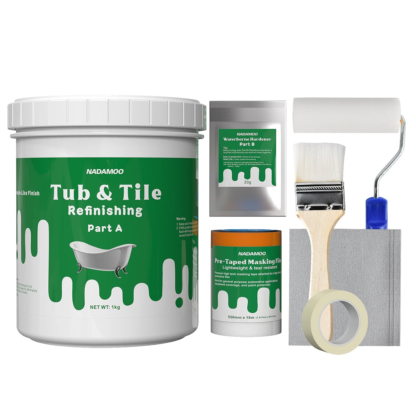 NADAMOO Tub and Tile Refinishing Kit (1kg / 35 oz, with tools), Bathtub Sink Countertop DIY Paint Kit for Bathroom Kitchen Porcelain Fiberglass, Semi-gloss White Coat