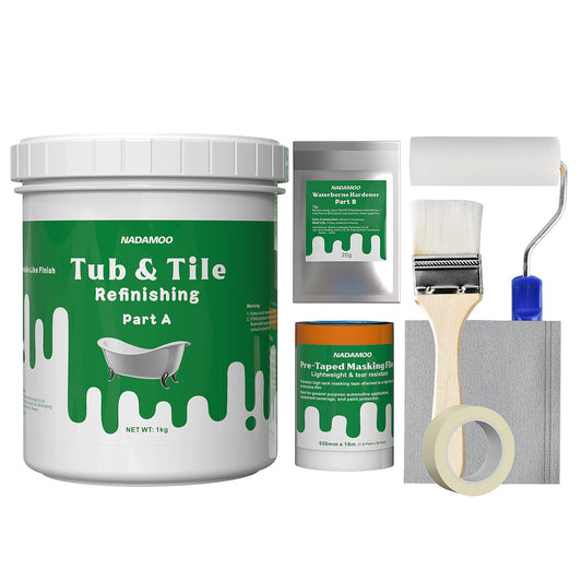 NADAMOO Tub and Tile Refinishing Kit (1kg / 35 oz, with tools), Bathtub Sink Countertop DIY Paint Kit for Bathroom Kitchen Porcelain Fiberglass, Semi-gloss White Coat