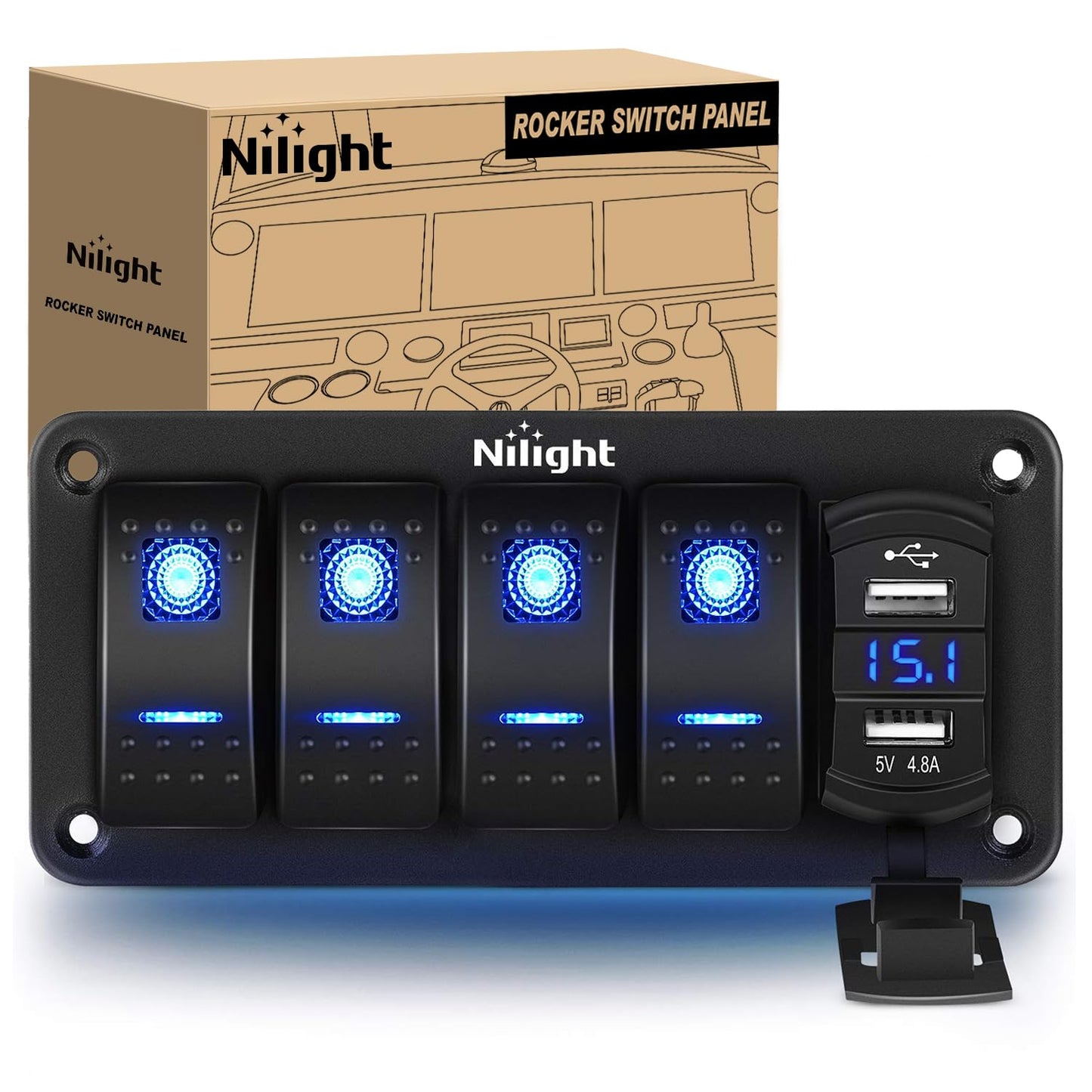 Nilight 4 Gang Rocker Switch Panel with 4.8 Amp Dual USB Charger Voltmeter Waterproof 12V 24V DC Night Glow Stickers for Car Trucks Boats RVs