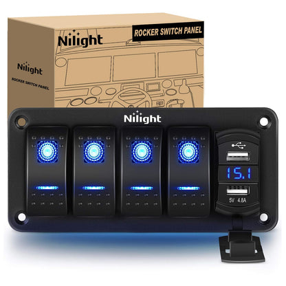 Nilight 4 Gang Rocker Switch Panel with 4.8 Amp Dual USB Charger Voltmeter Waterproof 12V 24V DC Night Glow Stickers for Car Trucks Boats RVs