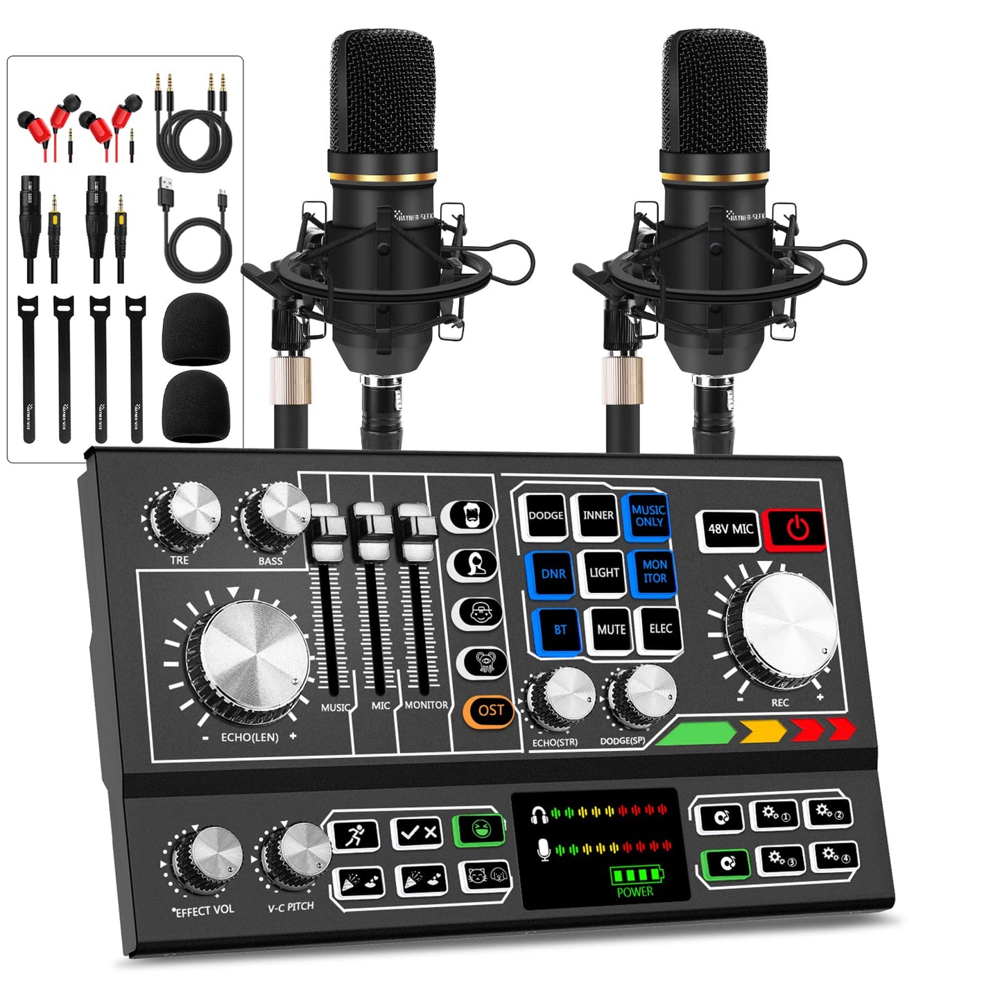 Podcast Equipment Bundle for 2, Audio Mixer with Condenser Microphone and 48V Phantom Power Supply Audio Interface for Live Stream Record Game