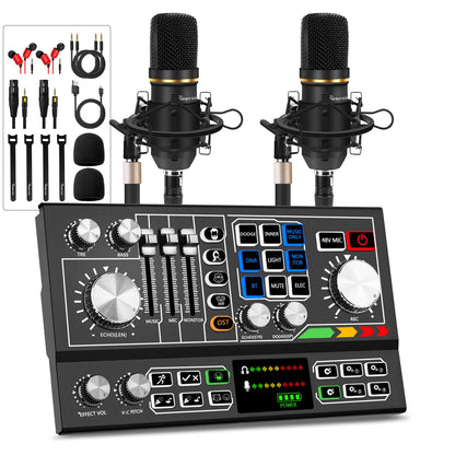 Podcast Equipment Bundle for 2, Audio Mixer with Condenser Microphone and 48V Phantom Power Supply Audio Interface for Live Stream Record Game