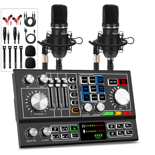 Podcast Equipment Bundle for 2, Audio Mixer with Condenser Microphone and 48V Phantom Power Supply Audio Interface for Live Stream Record Game