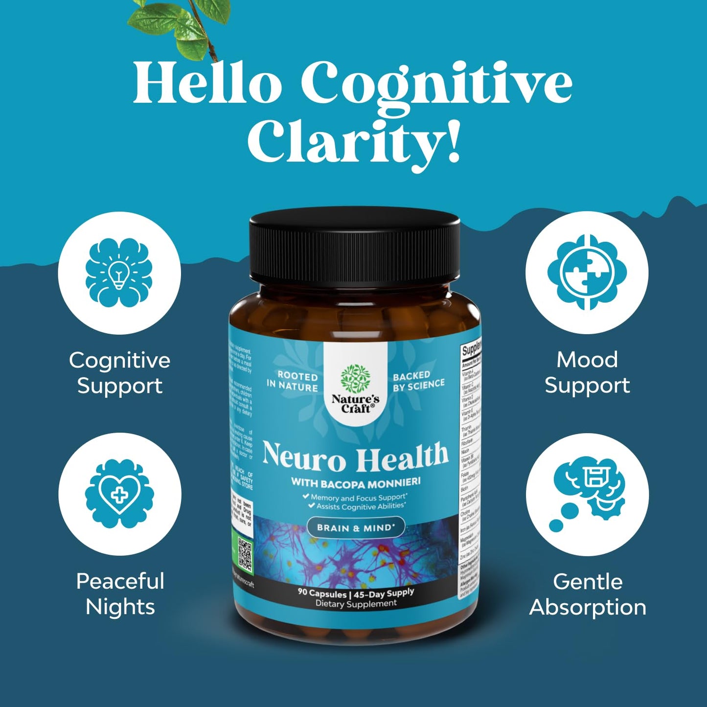 Nootropic Brain Supplement for Memory and Focus Support - Vitamins for Mental Health & Clarity with Bacopa Monnieri, VIT A, B6, Riboflavin, Niacin, Thiamin & Folate - Cognitive Complex - 90 Ct