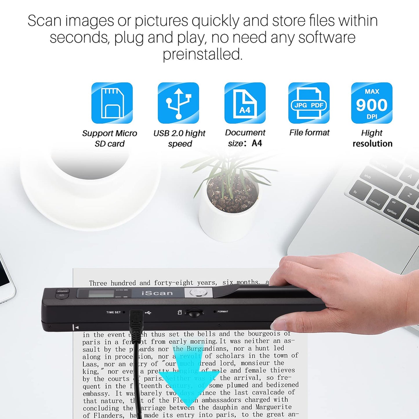 Portable Document Scanner, AOZBZ 900DPI Handheld Image Scanner, Scanning Wand,A4 Colour Photo Mobile Scanner Handy Scan (JPG/PDF Format, High Speed USB 2.0, Included 16G SD Card)