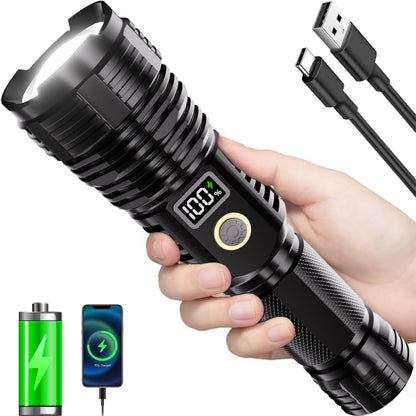 Flashlights High Lumens Rechargeable, LED Super Bright Flash Light Long Beam, Zoomable Linternas with LCD Digital Display, 5 Mode, Waterproof, Powerful Tactical Flashlight for Emergencies Camping Gift