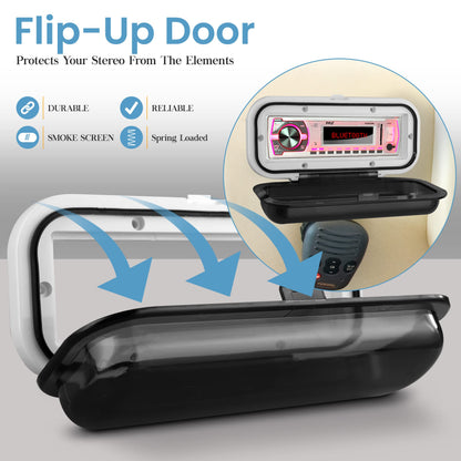 Pyle Water Resistant Marine Stereo Cover - Smoke Colored Heavy Duty Boat Radio Protector Shield with Flip-up Door & Spring Loaded Release - Mounting Gasket Included - PLMRCW1