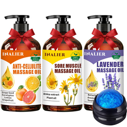 Massage Oils for Massage Therapy,Massage Kit Gifts for Women Men with Arnica, Lavender,Spa Gifts,3 Pack Cellulite,Sore Muscle & Lavender Massage Oils with Massage Ball