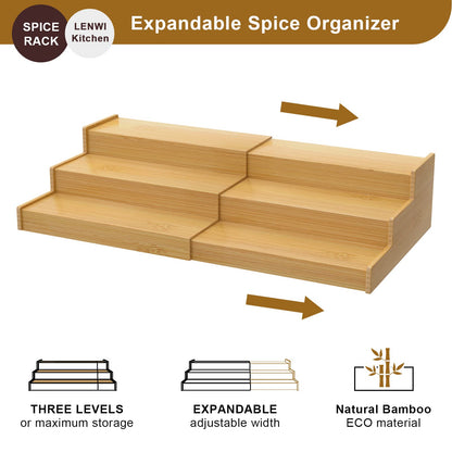 Lenwi Spice Rack Organizer for Cabinet 2Pack, 3 Tier Expandable Bamboo Spice Storage, Great for Kitchen Cabinet, Cupboard,Pantry and More(Natrual)