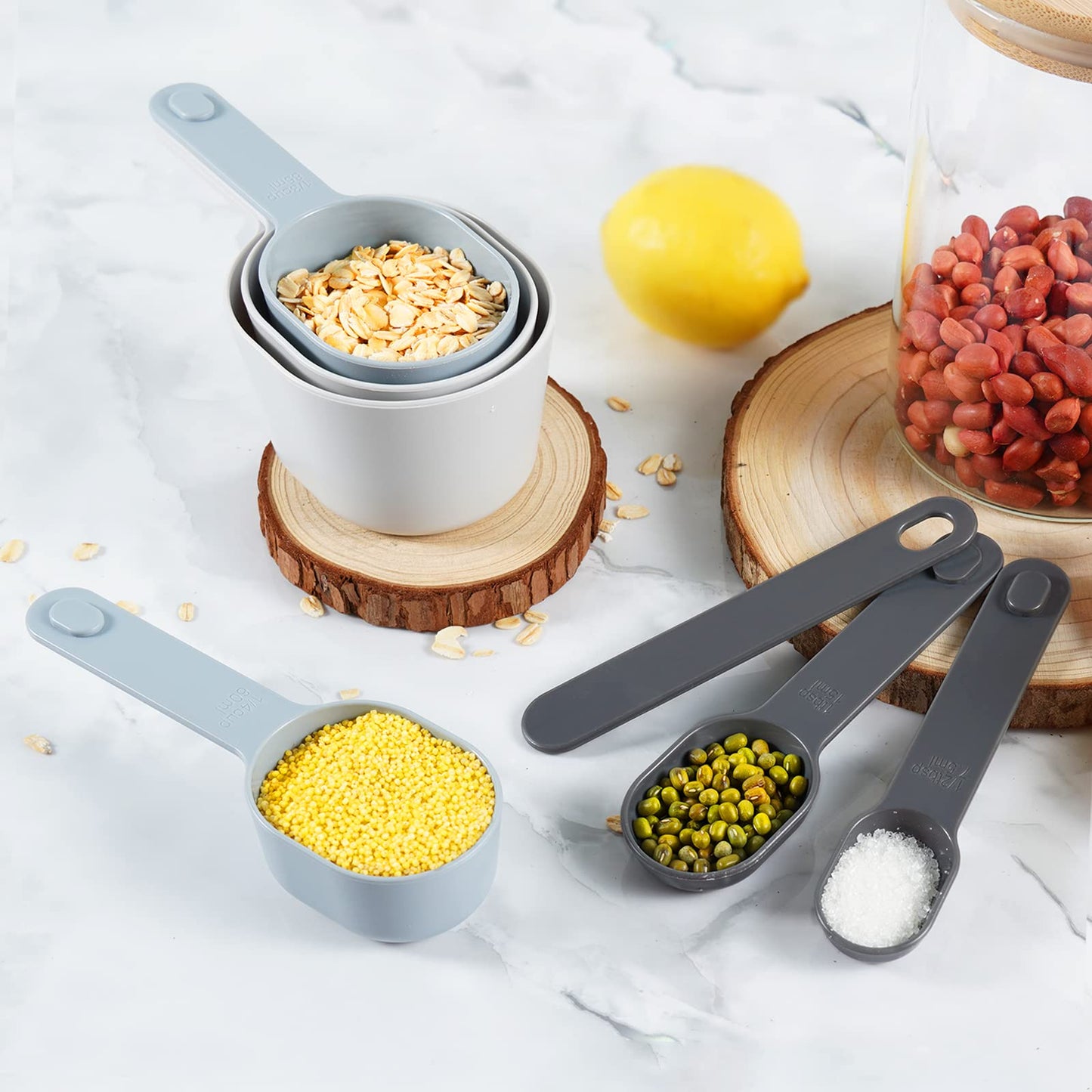 Recogwood Measuring Cups and Spoons set 10 Pieces, Stackable Measuring Cup with Lid, Kitchen Cooking Baking Measuring Spoons Set for Liquid and Dry, BPA Free, Dishwasher Safe