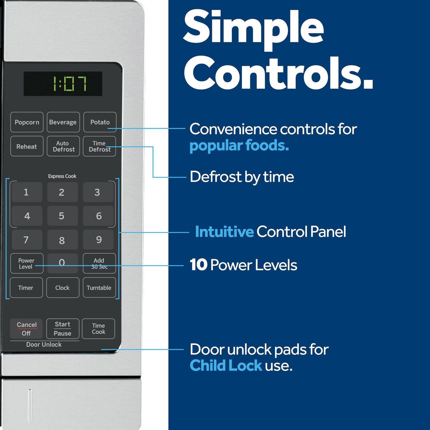 GE GCST07N1WSS Microwave Oven, 700-watt 6 Auto Cooking Settings, Child-Lock Technology, Kitchen Essentials for The Countertop, Dorm Room or Apartment, 0.7 Cu. Ft, Stainless Steel