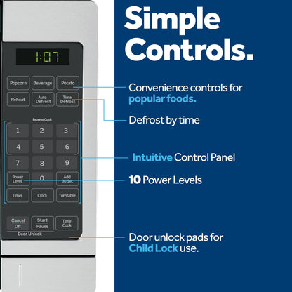 GE GCST07N1WSS Microwave Oven, 700-watt 6 Auto Cooking Settings, Child-Lock Technology, Kitchen Essentials for The Countertop, Dorm Room or Apartment, 0.7 Cu. Ft, Stainless Steel
