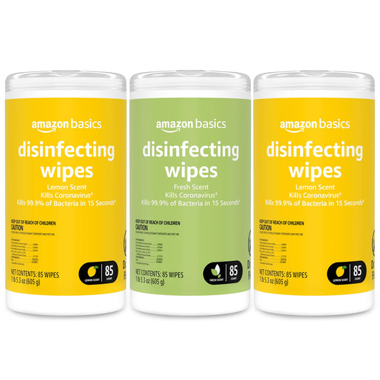 Amazon Basics Wipes, Lemon & Fresh Scent, Sanitizes, Cleans & Deodorizes, 255 Count (3 Packs of 85)