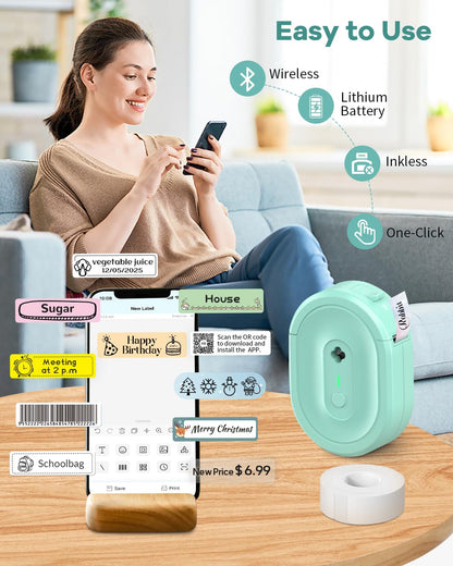 NDYIN Label Maker Machine with Tape, N12 Portable Bluetooth Label Printer, Wireless Mini Label Makers Thermal Sticker with Multiple Templates for Home, Kitchen, School, Office Organization, Green
