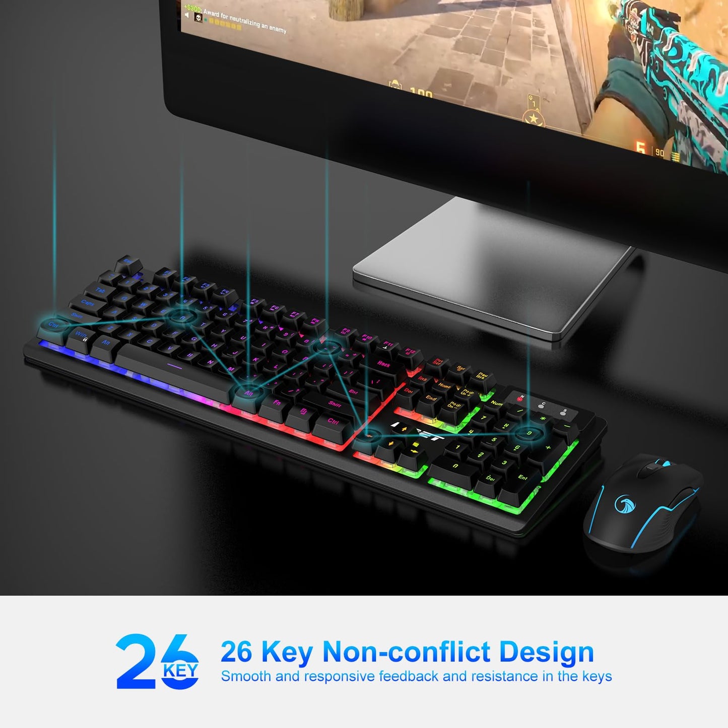NPET S21 Wireless Gaming Keyboard and Mouse Combo, RGB Backlit Quiet Ergonomic Mechanical Feeling Keyboard, Gaming Mouse 3200DPI, for Desktop