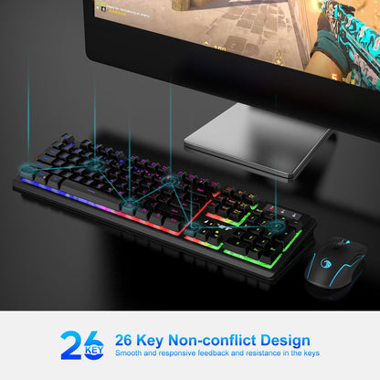 NPET S21 Wireless Gaming Keyboard and Mouse Combo, RGB Backlit Quiet Ergonomic Mechanical Feeling Keyboard, Gaming Mouse 3200DPI, for Desktop