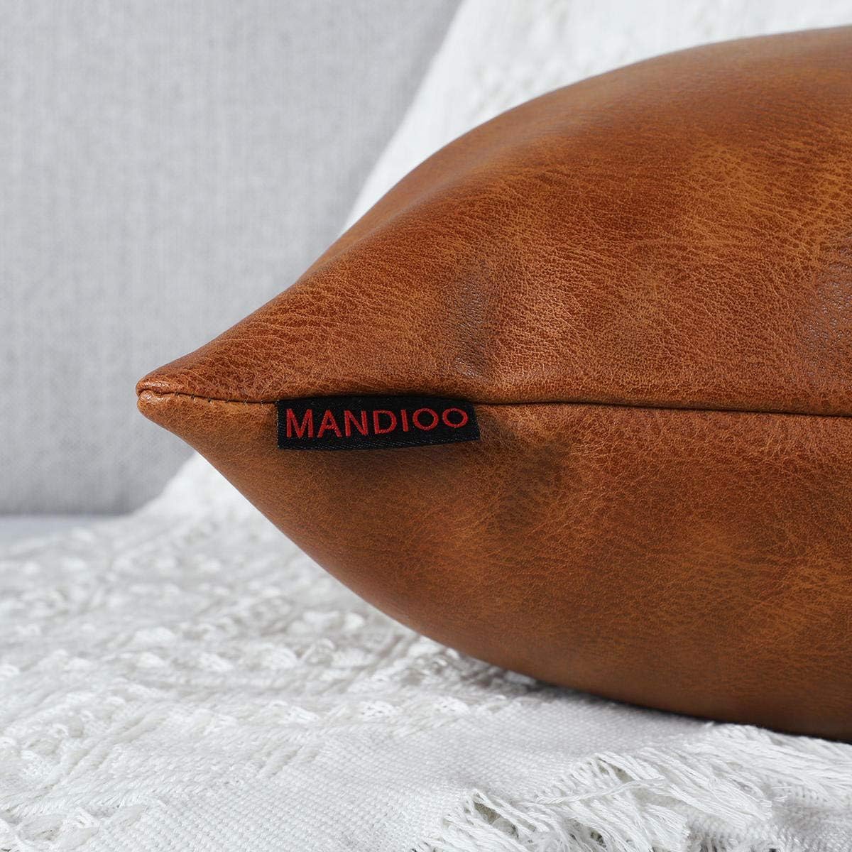 MANDIOO Set of 2 Faux Leather Decorative Throw Pillow Covers Modern Solid Outdoor Cushion Cases Luxury Pillowcases for Couch Sofa Bed 22x22 Inches Brown
