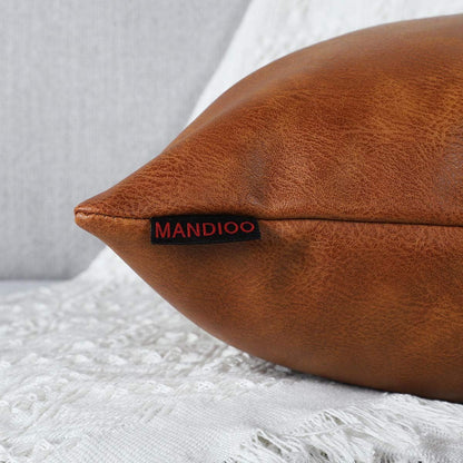 MANDIOO Set of 2 Faux Leather Decorative Throw Pillow Covers Modern Solid Outdoor Cushion Cases Luxury Pillowcases for Couch Sofa Bed 22x22 Inches Brown