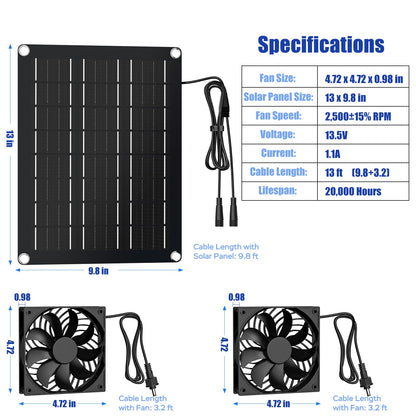 MARBERO 4.7 Inch Solar Powered Fan Kit, 15W Solar Panel with 2 Waterproof Fans, Intake or Exhaust Air Fan wtih 13 Ft Cable for Outside Backyard Chicken Coops, Greenhouses, Dog Houses, Pet Houses