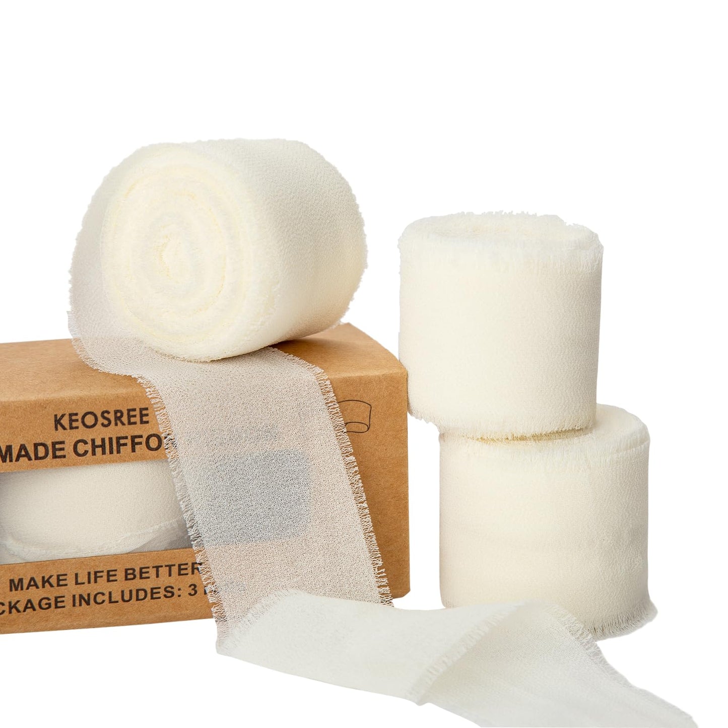 KEOSREE 3 Rolls Cream White Handmade Chiffon Ribbon,1.5" x 21Yd Frayed Fringe Silk Ribbons (3 Rolls *7Yd) for Gifts Wrapping, Wedding Invitations, Bridal Bouquets, Decorations