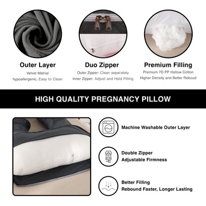 ALLOPERA Pregnancy Pillow, Full Body 57 Inch Maternity Pillow with Removable Washable Cover - Sleep Support for Legs, Back, Neck, Shoulder, HIPS, Belly for Pregnent Women, Black Grey Velvet Cover