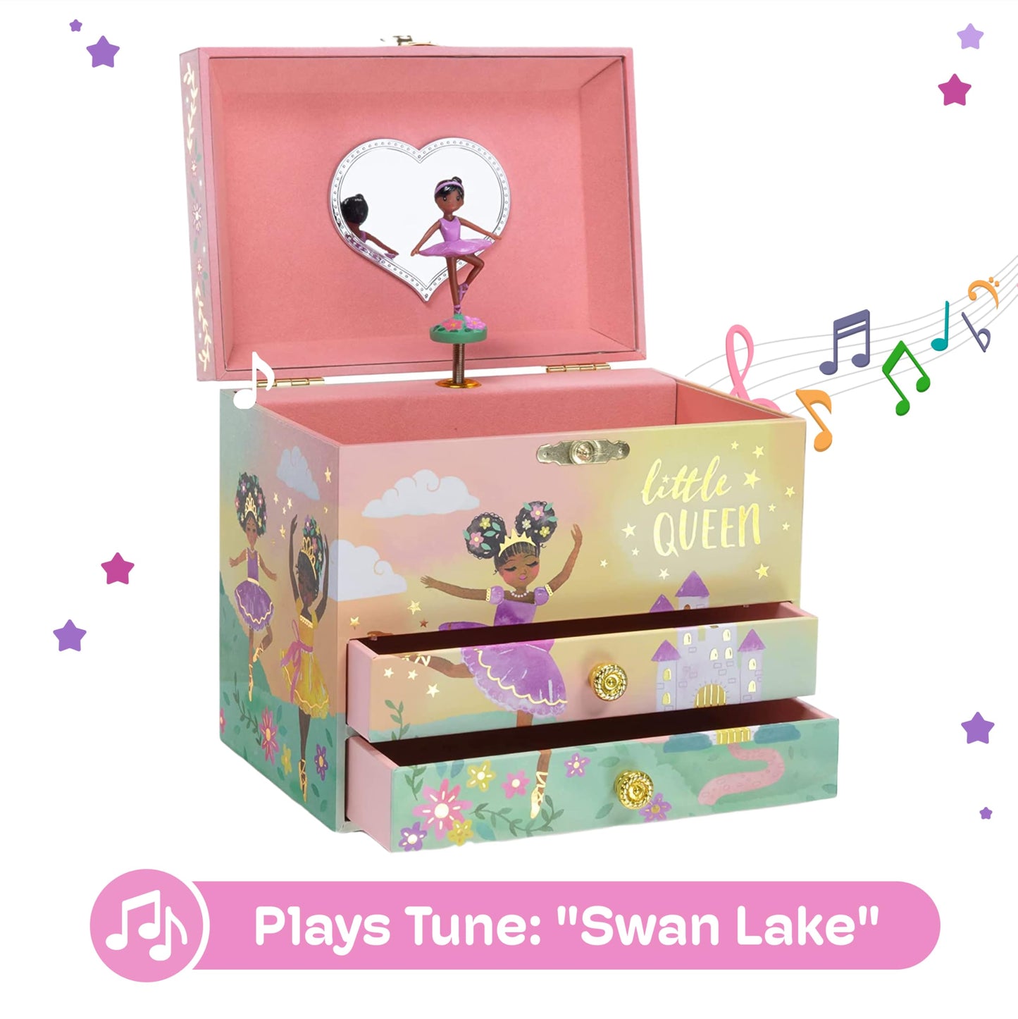 Jewelkeeper Jewelry Box for Girls - 2-Drawer Music Box with Little Queen Ballerina Dancing to Swan Lake, Cute Pink Design, Keepsake Storage for Treasured Accessories - 6.75 x 5.25 x 6 inches