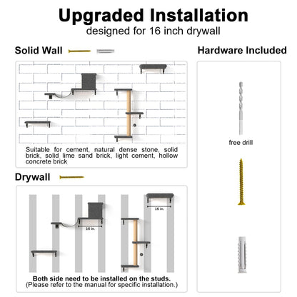 FUKUMARU Cat Wall Shelves, Stable & Safe 4 in 1 Cat Furniture Set, Wooden Climbing Wall with Scratching Post for 16 Inch Drywall - Gray