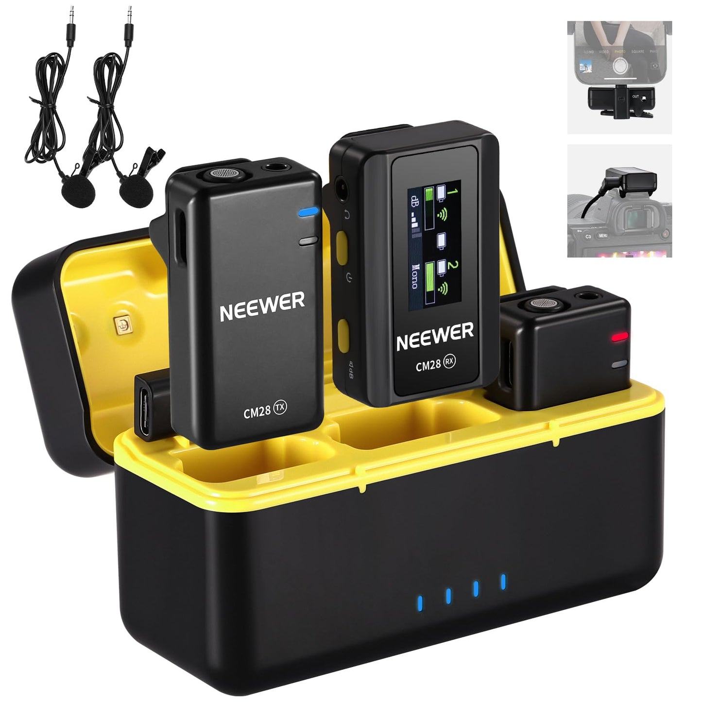 NEEWER CM28 Wireless Lavalier Microphone System with Charging Case, 2 Mic Clips, 1 Click Noise Canceling, 4GB Storage, 9H Playtime, Lavalier Lapel Mic Compatible with iPhone/Android/PC/Camera/iPad