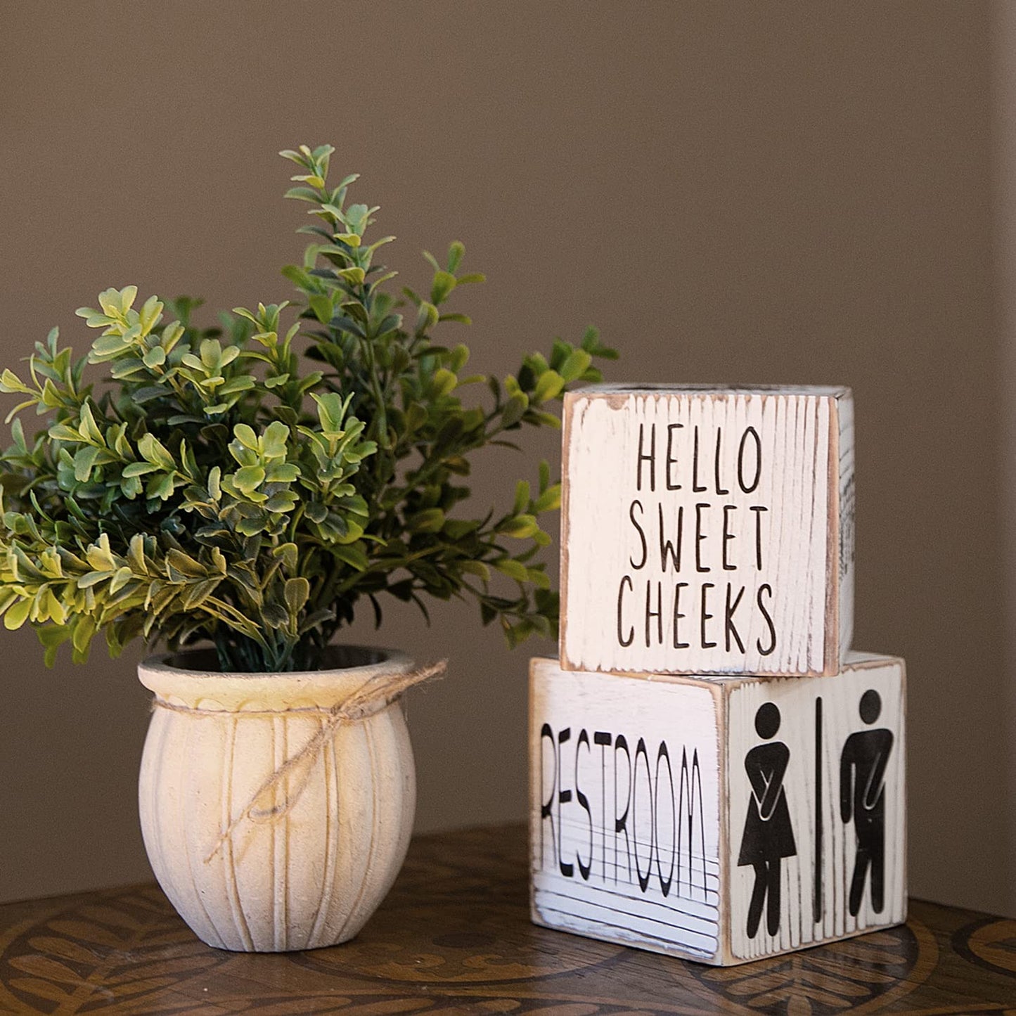 Farmhouse Block Decoration Four-Sided Funny Signs Modern Rustic Decor, Wooden Cute Guest Art Home Decorations Restroom Sign For Bathroom (Block + Plant)