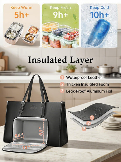 MATEIN Laptop Tote Bag with Insulated Lunch Compartment, 15.6 Inch PU Leather Briefcase with Leakproof Lunch Box Pocket for Women, Convertible Lightweight Computer Work Bag Handbag for Office, Black