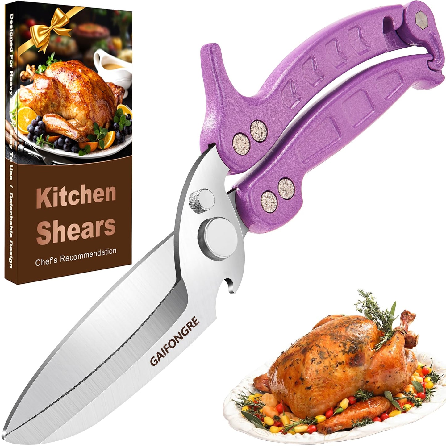 Heavy Duty Poultry Shears,Kitchen Shears for food Heavy Duty,Kitchen Scissors All Purpose,Rigid,Chicken,Fish,Meat,Easily Separable for Thorough Cleaning,Dishwasher Safe（PURPLE）
