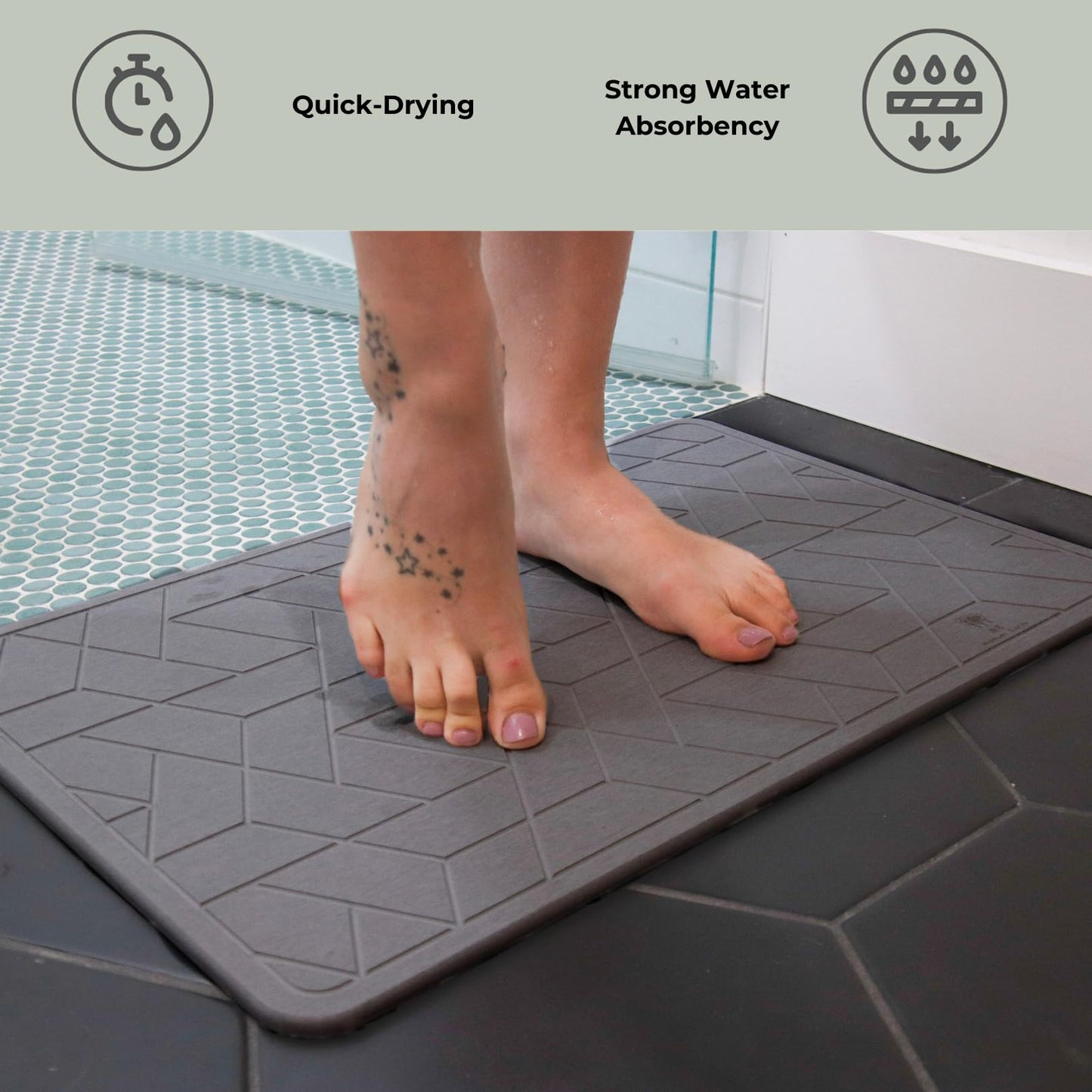 ME MOTHER EARTH Quick Dry Diatomaceous Earth Floor Stone Bath and Kitchen Dish Drying Mat, Bathroom Non-Slip Shower Mat, Super Absorbent Pad, Eco Friendly, Easy to Clean, Sustainable, Dark Grey