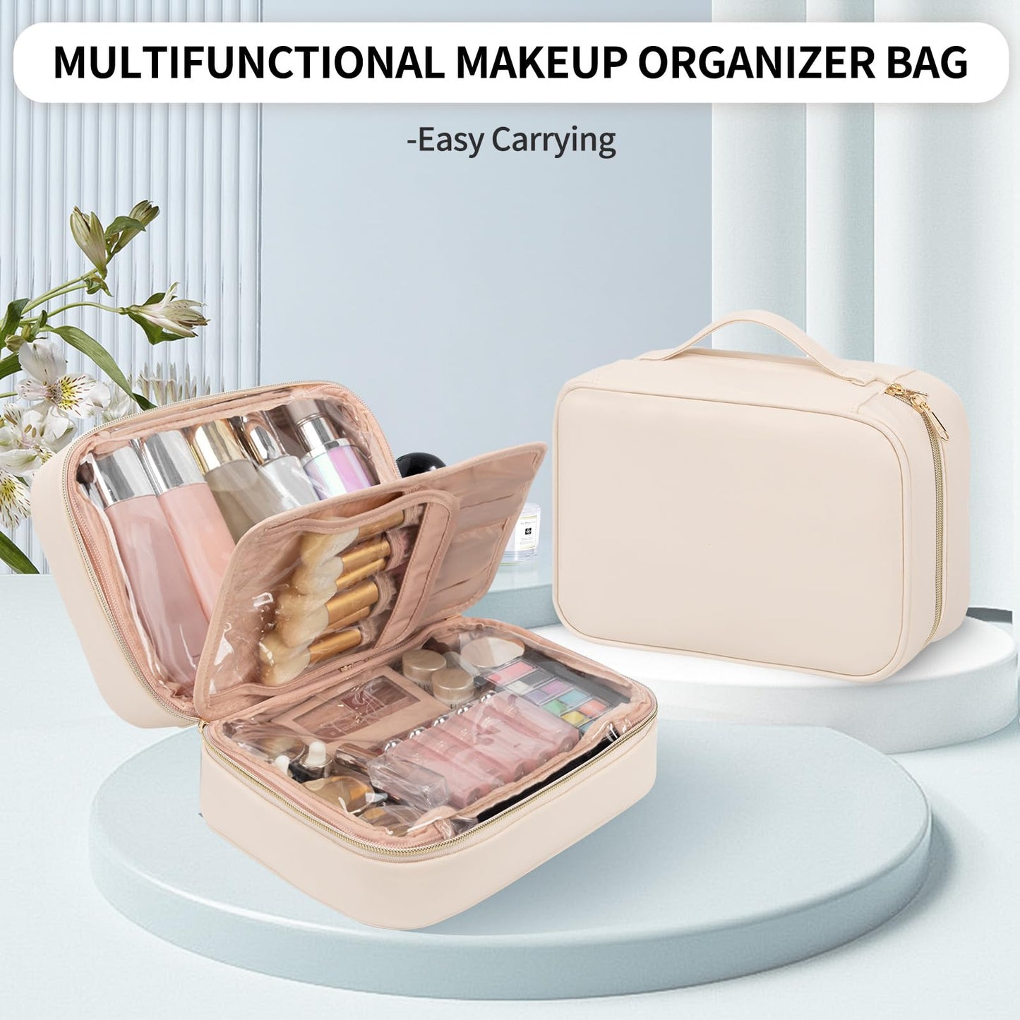 OCHEAL Makeup Bag, Make up Travel Bag Large Capacity Waterproof Cosmetic Organizer Bag with Makeup Brush Compartment & Handle for Women Girls Travel Toiletry Accessories-Beige