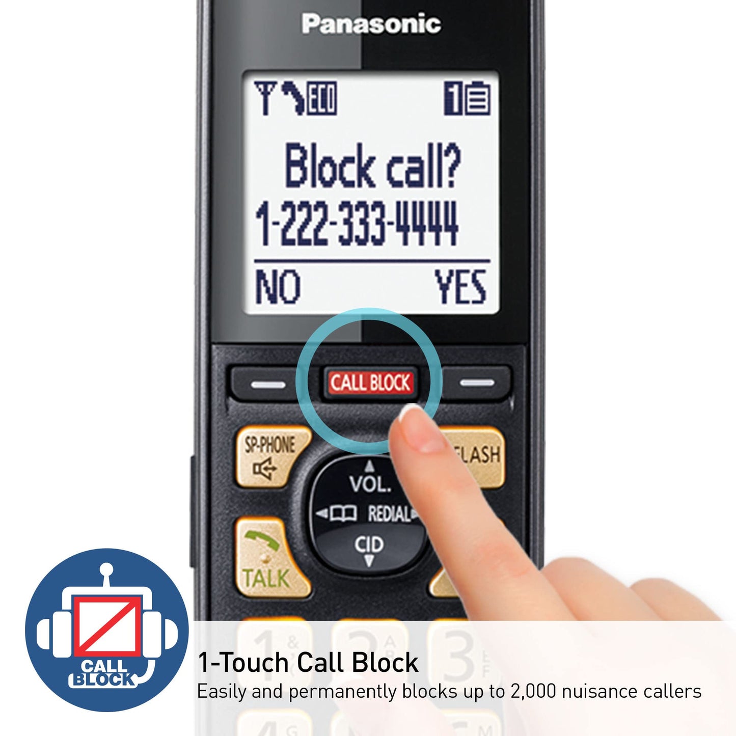 Panasonic Cordless Phone with Advanced Call Block, One-Ring Scam Alert, and 2-Way Recording with Answering Machine, 4 Handsets - KX-TGF944B (Black)