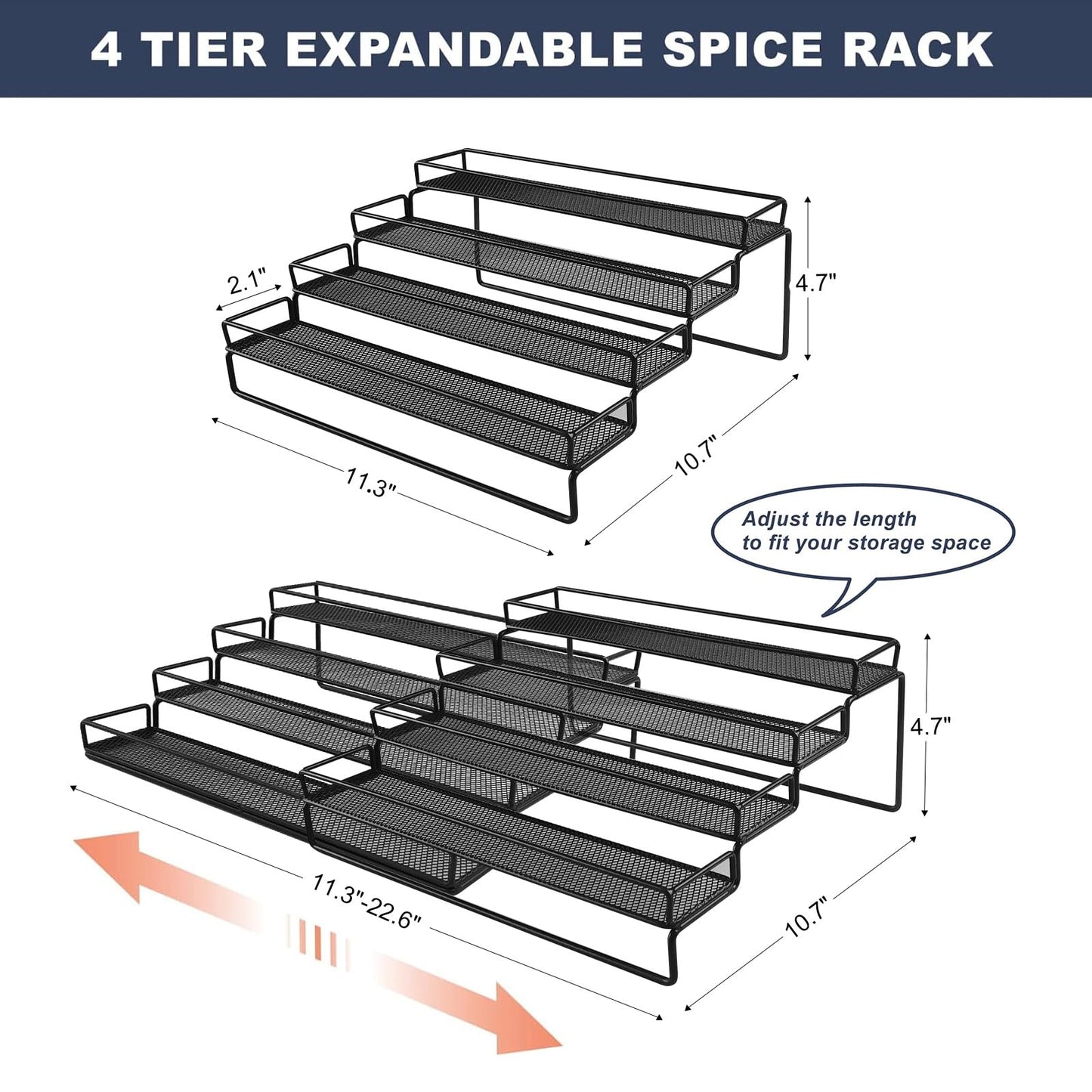 IFELS Spice Rack Organizer for Cabinet, 4 Tier Seasoning Organizer, Expandable Shelf,Step Storage Holder, Kitchen Cabinet Countertop,with Protection Railing, Metal (Black,4 Tier,2Pack)