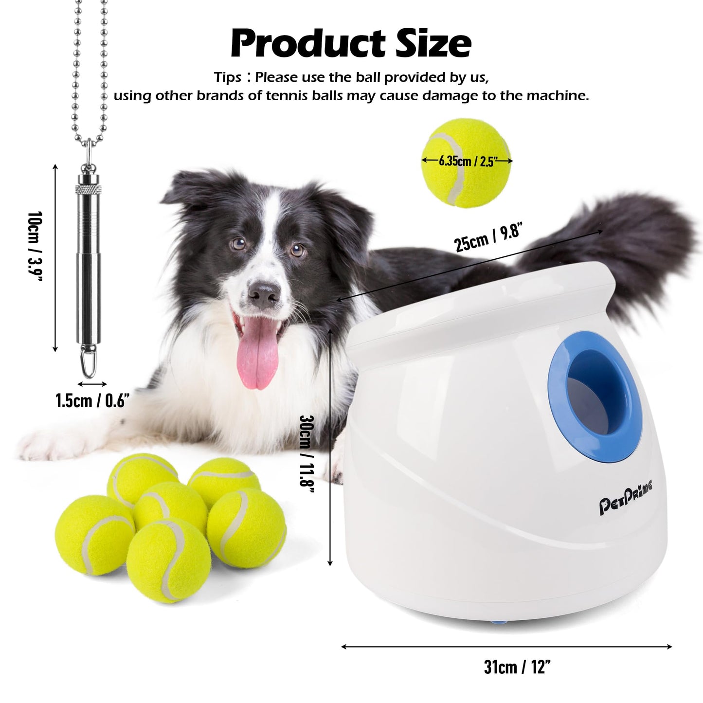 Pet Prime Dog Automatic Ball Launcher for Large Dogs Ball Thrower Machine Outdoor Indoor Use Interactive Dog Toy Adjustable Distance 10-40ft - Included 6 PCS 2.5” Tennis Balls and a Whistle