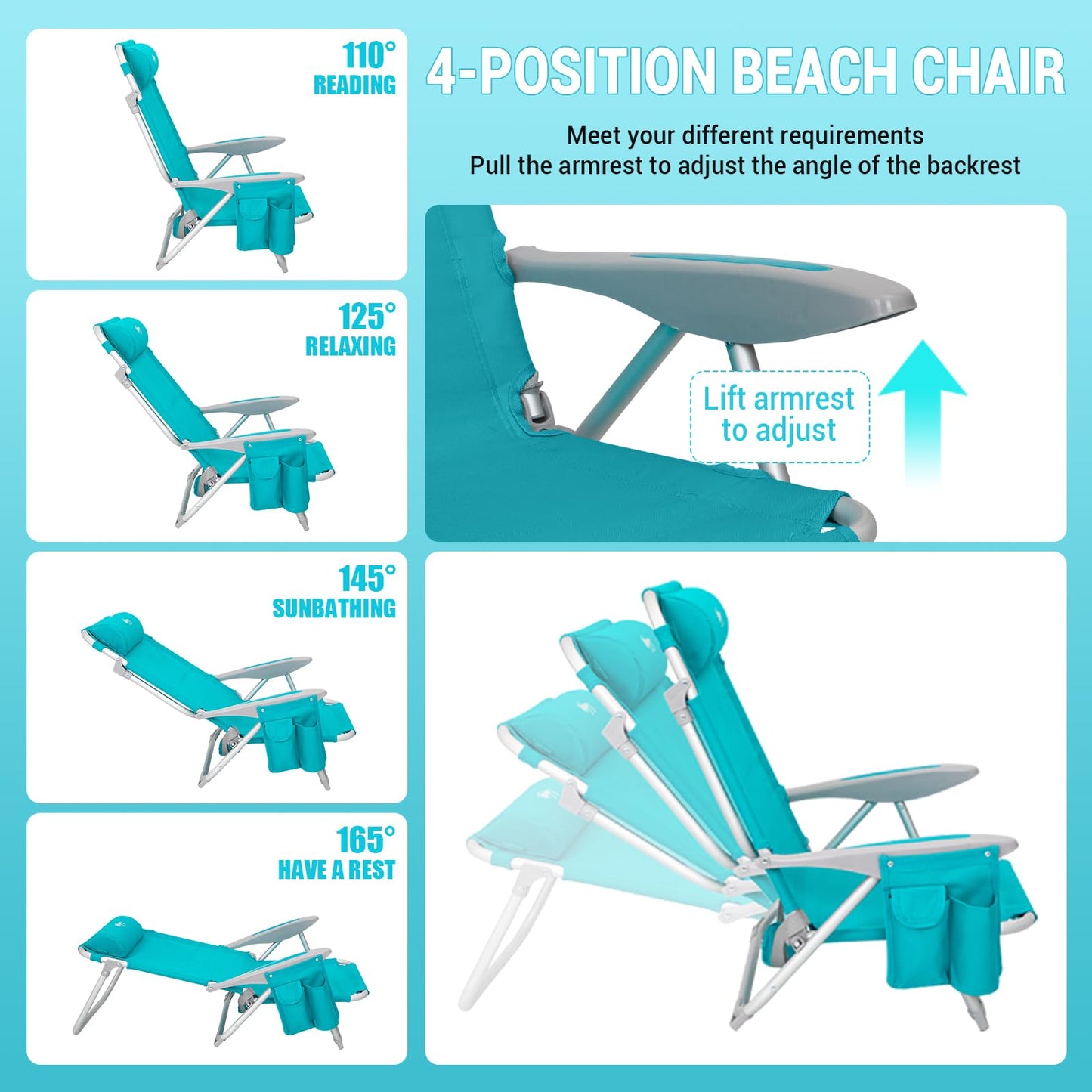 #WEJOY Lightweight Low 2 Pack Beach Chair for Adults, 4-Position Aluminum Folding Camping Chairs with Backpack Strap, Cup Holder and Padded Headrest, Supports 265lbs for Lawn Outdoor Cyan
