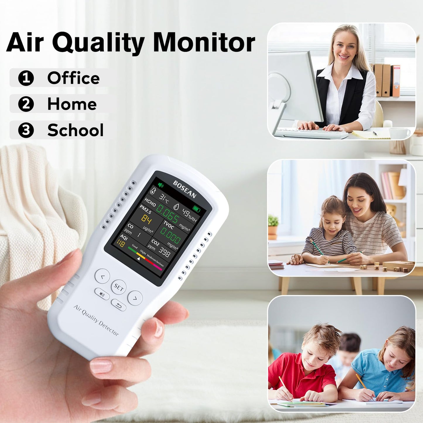 8-in-1 Indoor Air Quality Monitor, Formaldehyde Detector, Temperature & Humidity Meter, Sensor, Tester Detect PM2.5, CO, CO2, HCHO,TVOC,AQI Micron Dust, Home Air Test Kits