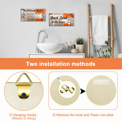 Lnond 2 Pieces Orange and Grey Bathroom Wall Decor, Abstract Wooden Hanging Bathroom Rules Wall Art, Farmhouse Toilet Rustic Bathroom Signs Decor Sets (12x 6 Inch)