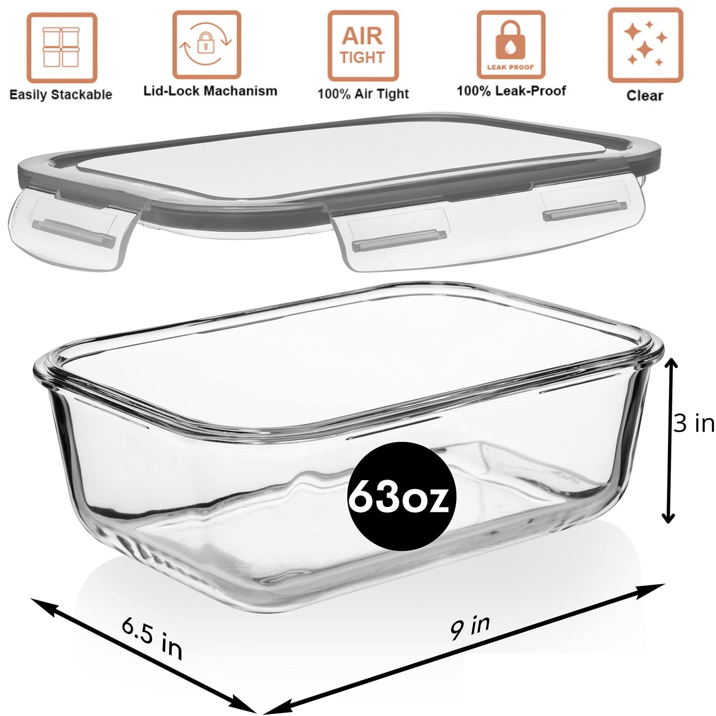8 Cups/ 63 Oz 4 Piece (2 containers + 2 Lids) Large Glass Food Storage/ Baking Containers with Locking Lids . Ideal for Storing food, vegetables or fruits. BPA Free & Leak Proof -Microwave, Oven Safe