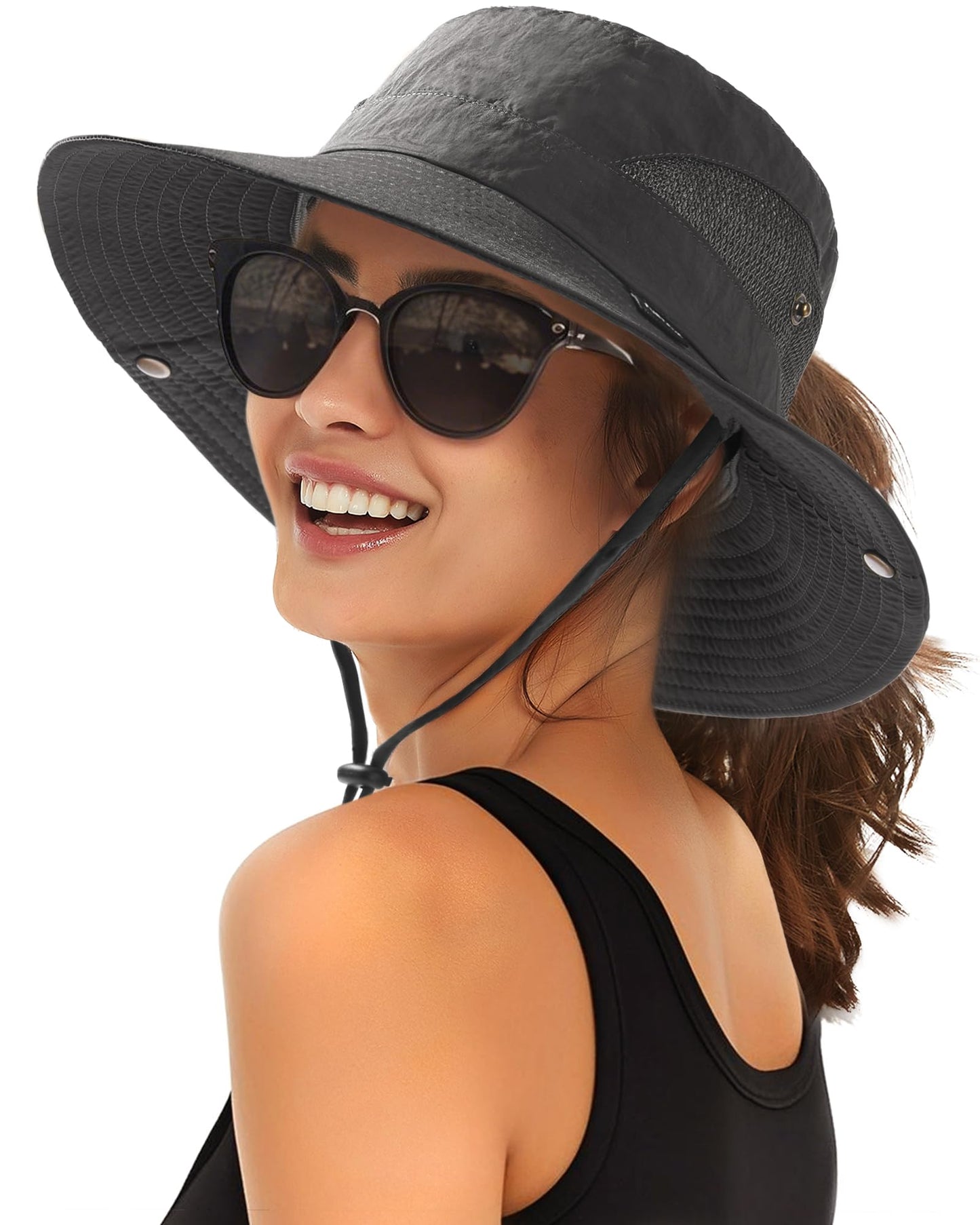 FURTALK Womens Sun Hat Beach Summer Wide Brim UPF 50+ Outdoor Protection Foldable Lightweight Ponytail Bucket Hat Dark Grey, One Size